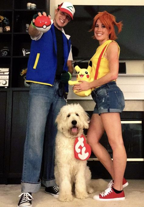 Ash Ketchum and Misty Costume. Beanie baby dog costume #pokemon #couplescostume #gottacatchemall #tybeaniebaby #halloween Misty Halloween Costume Pokemon, Couple Halloween Costumes Pokemon, Pokemon Halloween Costume Couple, Couple Pokemon Costumes, Pokemon Trainer Halloween Costume, Misty Pokemon Costume Diy, Misty Costume Pokemon, Pokemon Dog Costume, Ash Catchem Costume