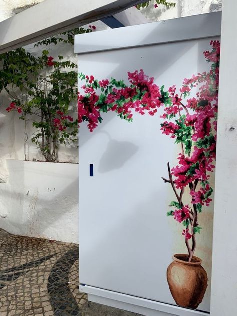 Terrace Wall Painting Ideas, Santorini Backyard, Terrace Gazebo, Simple Wall Paintings, Wall Murals Diy, Colorful Room Decor, Creative Wall Painting, Garden Mural, Wall Art Diy Paint