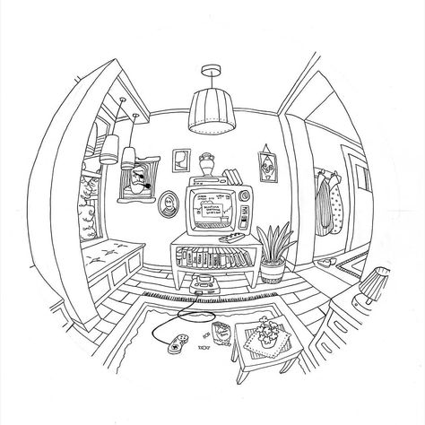 Fisheye Perspective Drawing Room, Fish Bowl Perspective Drawing, Fisheye Tattoo, Fisheye Art Perspective, How To Draw Fisheye Perspective, Fishbowl Perspective, Fisheye Perspective Drawing, Fish Eye Perspective Drawing, Curved Perspective