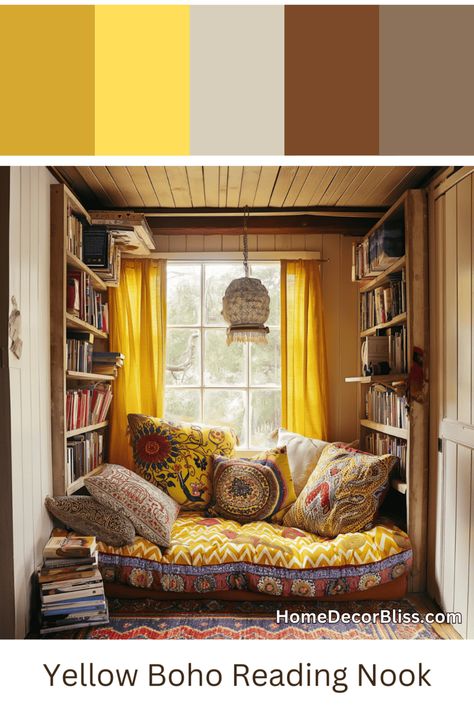 Mustard Yellow Bohemian Reading Nook [Room Inspiration] Mustard Yellow Room, Reading Nook Room, Mustard Yellow Color Palette, Boho Reading Nook, Yellow Curtains Living Room, Mustard Yellow Curtains, Boho Decor Inspiration, Wood Panel Wall Decor, Yellow Color Palette