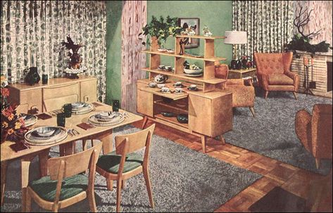 1954 Heywood Wakefield Modern | Dining room with divider uni… | Flickr Heywood Wakefield Dining, Heywood Wakefield Furniture, 1950s Living Room, Retro Rooms, American Living Room, Mid Century Dining Room, 1950s Decor, Heywood Wakefield, Retro Interior Design