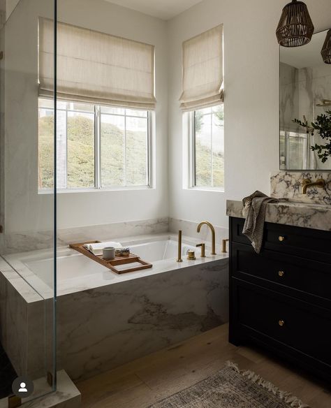 Modern Spanish Bathroom, Amber Interiors Bathroom, Built In Tub, Built In Bathtub, Built In Bath, Townhouse Interior, Serene Bathroom, Kitchen And Bath Remodeling, Upstairs Bathrooms