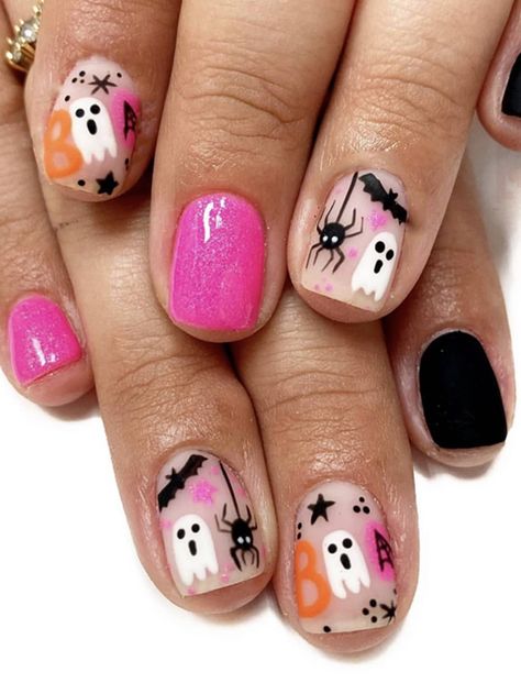 24pcs Short Square Halloween Pink Ghost Design Press on Nails Wearable False Nail For WomenI discovered amazing products on SHEIN.com, come check them out! Nail Art Halloween, Halloween Press On Nails, Short Fake Nails, Nagel Tips, Black Acrylic Nails, Press On Nails Short, Nails For Women, Halloween Nail, Halloween Nail Art