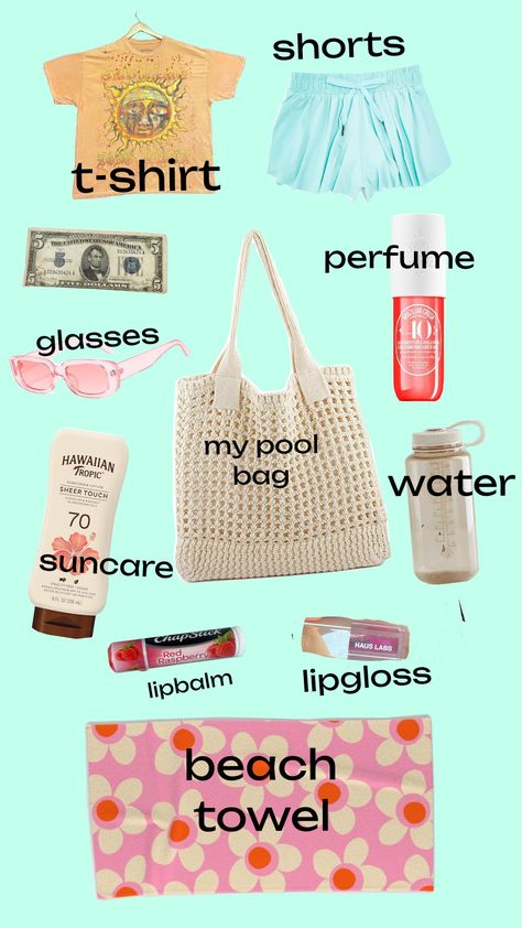 my pool bag that I bring What To Pack In Your Pool Bag, Things To Bring To The Pool, What To Bring To The Pool, Swimming Essentials, Pool Bag Essentials, Pool Day Essentials, Organizing Aesthetic, Bag Necessities, Swimming Pool Bag