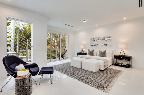 Coconut Grove Townhouse by All About the Wow White Tile Bedroom, Bedroom Tiles Floor Ideas Master, White Tiles Bedroom, Modern Bedroom Tile Flooring Ideas, Bedroom Tiles Floor Ideas, Bedroom Tiles Floor, Bedroom Floor Tiles, Bedroom Tile, Tile Bedroom