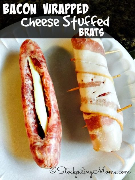 Bacon Wrapped Cheese Stuffed Brats recipe is a must have on the grill this summer! Perfect for a barbeque and full of great flavor. - Perfect with Johnsonville brats! Cheese Stuffed Brats, Stuffed Brats, Brats Recipe, Bacon Wrapped Cheese, Brats Recipes, Bratwurst Recipes, Hot Dog Recipes, Cheese Stuffed, Smoked Food Recipes