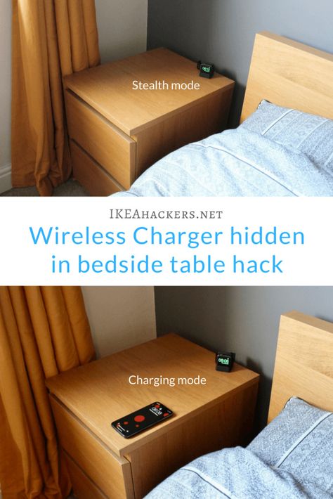 Wireless Charging Pad Hidden in IKEA bedside table What To Put In My Bedside Table, Headboard Charging Station, Wireless Charging Table, Wireless Charger Table, Smart Bedside Table, Bedside Charging Station Ideas, Bedside Tabel, Bedside Charging Station, Wireless Charger Diy