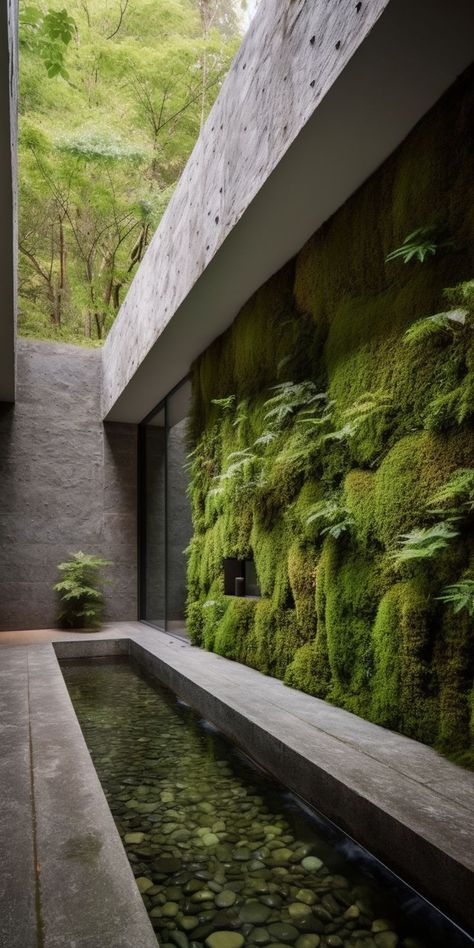 A modern and inviting garden design, featuring a stunning and lush moss wall, chic concrete features, and a serene small pond perfect for creating a unique and inspiring ambiance. Atrium Garden, Indoor Pond, Wall Concrete, Modern Fountain, Feature Wall Design, Small Pond, Indoor Waterfall, Vertical Garden Wall, Sunken Garden