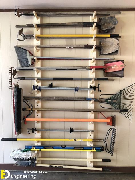 [CommissionsEarned] Small Garage Storage Ideas You Can Diy - Engineering Discoveries #schuuropruimengarageorganization Yard Tool Storage, Yard Tool Storage Ideas, Officine In Garage, Koti Diy, Garage Organization Tips, Garage Organisation, Storage Shed Organization, Shed Organization, Garage Tool Storage