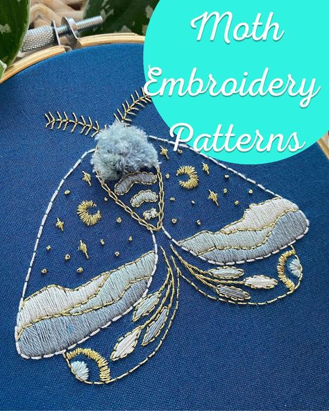 Lunar Moth Embroidery Pattern, Moth Embroidery Pattern Free, Lunar Moth Embroidery, Tattoo Embroidery Designs, Bat Embroidery Pattern, Luna Moth Embroidery, Moth Embroidery Simple, Moth Diy, Mushroom Embroidery Pattern