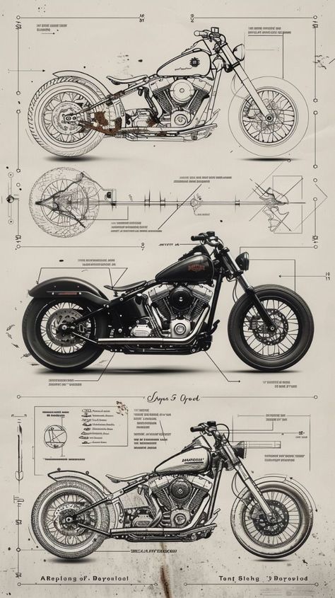 Harley Davidson Blueprint, Harley Davidson Posters Vintage, Harley Davidson Motorcycles Drawing, Motorcycle Poster Design, Bike Poster Design, Motorcycle Diagram, Motorcycle Blueprint, Harley Davidson Design, Hd Fatboy