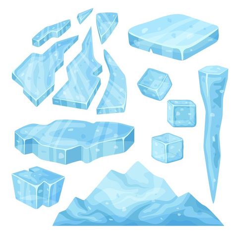 Iceberg, icicle, ice cube and broken pie... | Premium Vector #Freepik #vector #water #cartoon #shapes #rock Ice Shards Drawing, Ice Drawing Tutorial, How To Draw Ice, Iceberg Drawing, Ice Reference, Ice Cube Cartoon, Ice Tutorial, Ice Cartoon, Ice Shapes