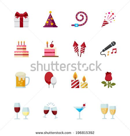 Happy Birthday Icons, Vector Symbols, Party Icon, Birthday Icon, White Stock, Happy Birthday Quotes, Color Vector, Logo Illustration, Flat Style