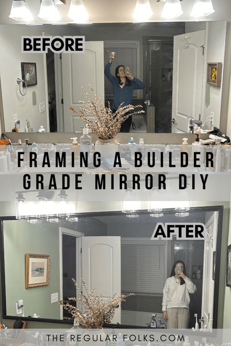 bathroom mirror upgrade, mirror frame diy, bathroom mirror makeover, how to frame a builder grade mirror Frameless Mirror Makeover, Framing A Large Bathroom Mirror, Plain Bathroom Mirror Makeover, Tile Around Bathroom Mirror, Framing A Large Mirror, How To Add Frame To Bathroom Mirror, Bathroom Mirror Framing Ideas, Bathroom Mirror Molding, Trim A Mirror Diy Frame