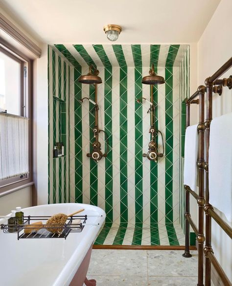 Striped Tile, Victorian Townhouse, Lemon Sorbet, Bright Stripes, Colour Inspiration, Clawfoot Bathtub, Unique Spaces, Interior Design Trends, Shower Tile