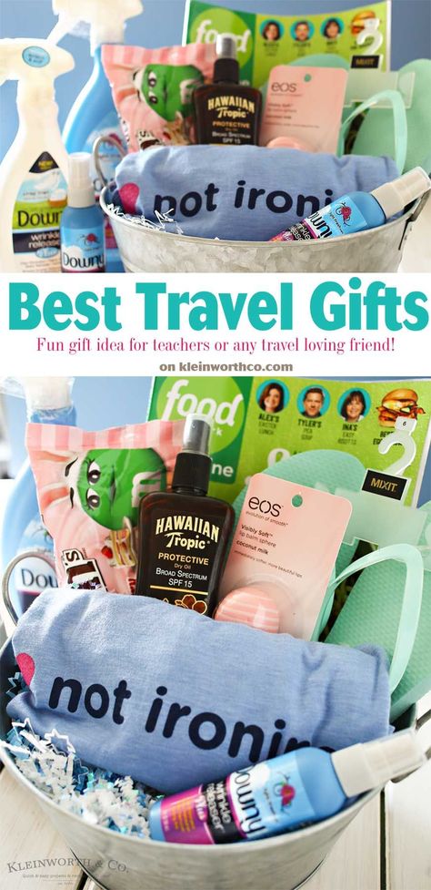 Best Travel Gifts: Travel Teacher Gift Idea Travel Gift Basket, Road Trip Gifts, Travel Themed Gifts, Best Travel Gifts, Traveling Teacher, Travel Themes, Travel Gifts, Gift Basket, Creative Gifts