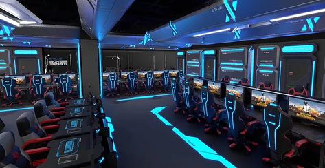 E-Blue | Turnkey Solutions Esports Stadium Setup | Internet Cyber Café Gaming Center Design, Gaming Cafe Design, Internet Cafe Interior, Internet Cafe Design, Gaming Cafe, Game Lounge, Teen Game Rooms, Future Technology Concept, Gaming Lounge