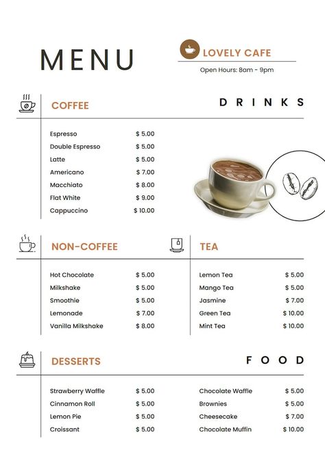 Coffee Shop Menu Template, Instant Download - Etsy Slovakia Simple Coffee Menu Ideas, Coffe Shope Idea Plan, Coffee Bar Menu Ideas, Coffee Shop Menu Design Ideas, Simple Coffee Shop Design, Coffee Shop Drink Ideas, Menu Design Coffee Shop, Coffee Menu Ideas, Menu For Coffee Shop