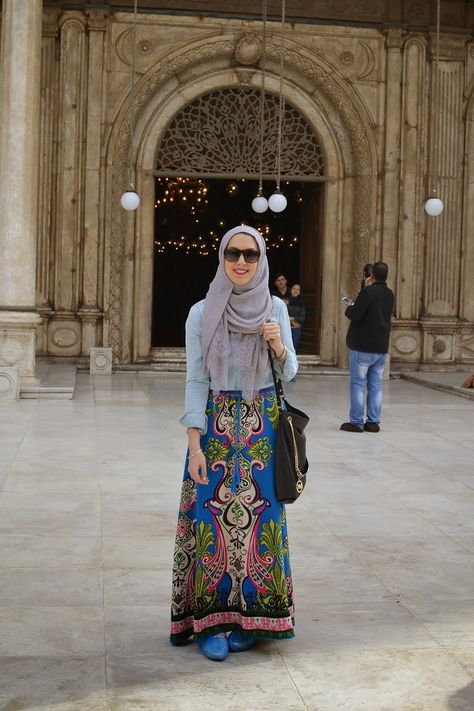 hijabi fashion, hani hulu, maxi skirt, denim shirt, austere attire hijab Denim Shirt With Skirt, Long Shirt Style, Shirt With Skirt, Pleated Outfit, Maxi Skirt Denim, Modest Attire, New Hijab, Find God, Colorful Skirt