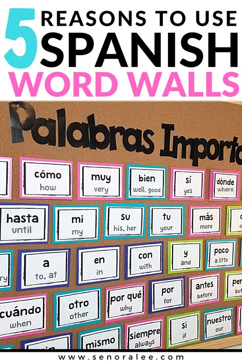 Spanish Word Wall Bulletin Board with High Frequency Words Spanish Word Wall Classroom, Spanish Sound Wall, Elementary Spanish Classroom Decor, Spanish Classroom Door Ideas, Spanish Sight Words, Middle School Spanish Lessons, Bilingual Classroom Decor, Spanish Teacher Classroom, Classroom Commands