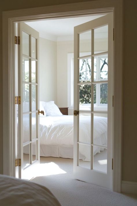 Add a touch of elegance to your bedroom with classic French doors for your closet. These beautiful doors enhance the room’s sophistication while providing easy access. 🚪🌿✨ #FrenchDoors #ElegantLiving #BedroomDesign #ElevatedCloset Small Bedroom With French Doors, Types Of French Doors, French Doors For Bedroom, French Sliding Door Interior, French Doors In Bedroom To Outside, Double Doors To Bedroom, Bathroom With French Doors, Inside French Doors, Double Bedroom Doors