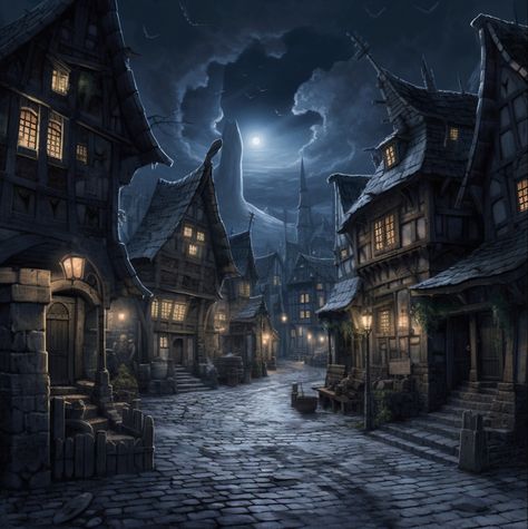 Medieval Dark Fantasy City, Gothic Village Art, Medieval Town Aesthetic, Medieval City Concept Art, Gothic Village, Steampunk Village, Dark Village, Dnd Halloween, Vila Medieval