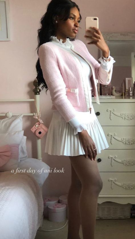 Soft Feminine Winter Outfits, Coquette Corporate, Hyper Feminine Outfits Black Women, Pink Girly Outfits Classy, Romantic Academia Aesthetic Outfit Pink, Preppy Elegant Outfits, Scholar Aesthetic Outfit, Pink Coat Outfit Classy, Elle Woods Aesthetic Outfits