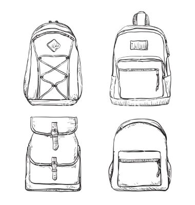 Set of different types backpacks vector How To Draw A Backpack On A Person, Backpack Drawing Easy, Backpack Drawing Ideas, How To Draw Bag, How To Draw A Backpack, Bookbag Drawing, Backpack Drawing Reference, Clothes Sketches Design Ideas, Bag Drawing Easy