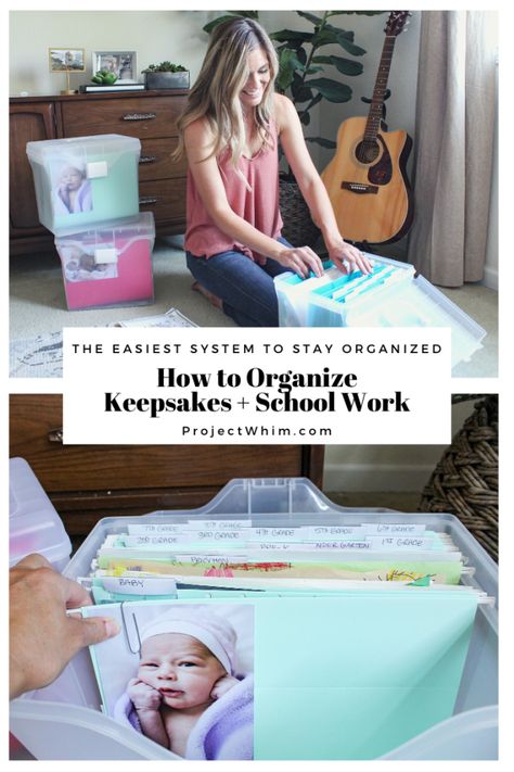 An Easy storage solution for organizing kids keepsakes and school work.  The Best way to store memorable Kids items.  Tips and Trips for organizing and storing kids important items.  How to organize keepsakes and important school work by child.  Storage Ideas for Kids.  #organization #schoolwork #keepsakes #storagesolutions #storageideas #organizationideas Child Artwork Storage, Kids Work Storage, Kids School Keepsake Storage, School Project Storage Ideas, Storing School Work, Kids School Memory Storage, Keepsake Storage Ideas How To Organize, School Storage Organization, School Work Storage Ideas