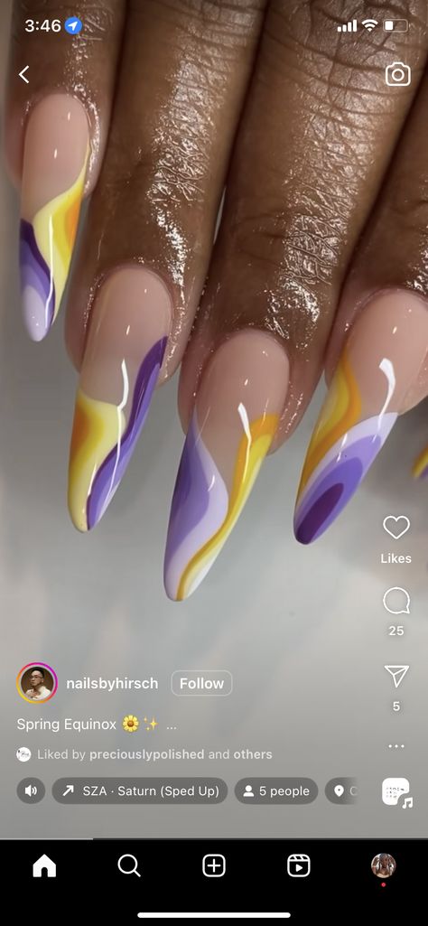 Lavender Orange Nails, Red Blue Yellow Nails, Pink Orange And Yellow Nails, Purple And Yellow Nails Designs, Purple And Yellow Nails, Purple And Orange Nails, Yellow Nails Design, Purple And Yellow, Yellow Nails