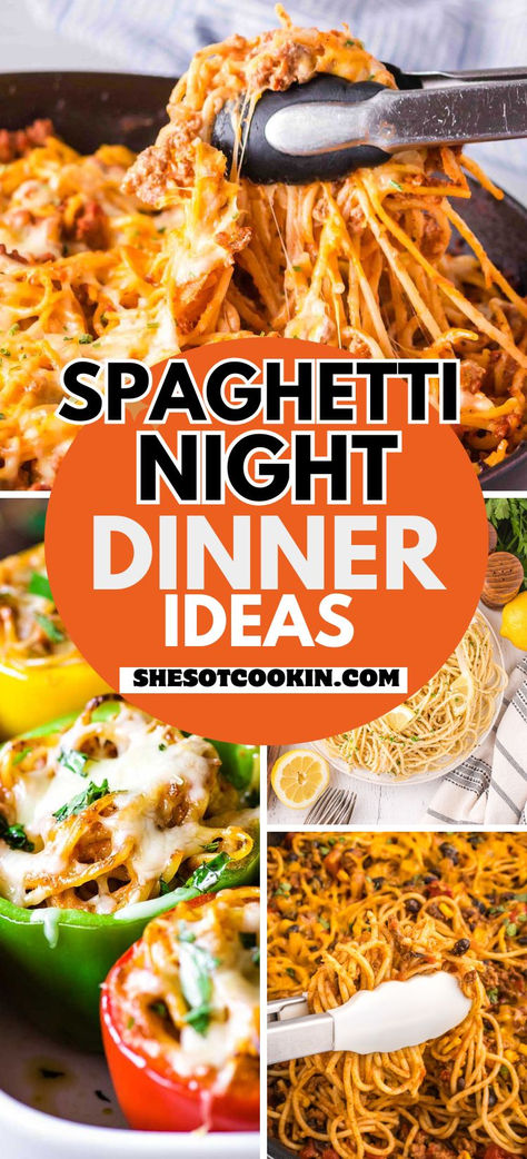 Spaghetti dinner recipes photo collage with text overlay. Creative Spaghetti Recipes, Easy Spaghetti Dinner, Dinner Recipes Spaghetti, Spaghetti Dinner Ideas, Speggetti Recipes, Comfort Food Dinners, Spaghetti Night, Million Dollar Spaghetti, Food Dinners