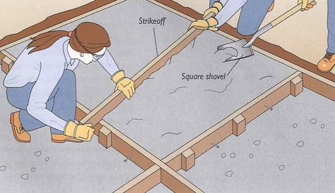 How To Build DIY Concrete Patio In 8 Easy Steps Pouring A Concrete Patio, Dry Pour Concrete Slab, Dry Pour Concrete Patio, Diy Cement Patio, Concrete Pavers Diy, Diy Concrete Driveway, Laying Concrete, Diy Concrete Slab, Pouring Concrete Slab