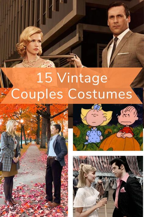 Couples costume ideas that are vintage inspired. Halloween is just around the corner so it's time ot start thinking about how you'll dress up this October! These are couple costumes for adults. 1950s Costume Couple, Halloween Costumes For Middle Aged Couples, 1950 Halloween Costumes, Old Movie Halloween Costume Ideas, Decades Couple Costume, Old Married Couple Costume, Retro Couples Costumes, Historical Couples Costumes, Old Fashioned Halloween Costumes