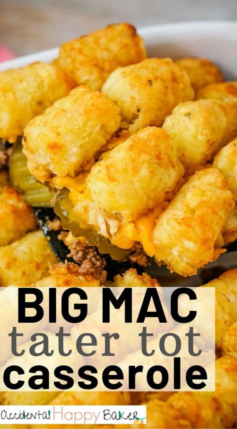 Big Mac Tater Tot casserole has all the flavors of that iconic burger combo complete with hamburger, special sauce, pickles, and melted cheese. It’s topped off with crispy tater tots for an easy weeknight dinner your whole family will love! Tator Tots Casserole Hamburger, Big Mac Tater Tot Casserole, Tator Tot Recipe, Casserole Hamburger, Bic Mac, Budget Lifestyle, Easy Tater Tot Casserole, Struggle Meals, Cheesy Tater Tots