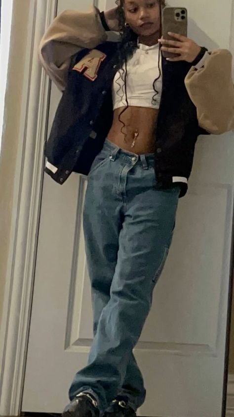 Letterman Outfit Ideas, Cute Letterman Jacket Outfits, Letterman Jacket Outfit Black Women, Loafers Outfit Black Women, Jacket Outfit Black Women, Letterman Jacket Outfit, Black Women Outfit Ideas, Outfit Ideas Black Women, Affordable Jeans