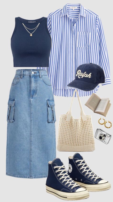 #casual #beachoutfit #modesty #linenshirt #schoolfit #teacheroutfit #summer #skirt #aesthetic #christiangirl #navyblue #outfit #outfitinspo #modestfashion Summer Skirt Aesthetic, Skirt Aesthetic, Modesty Outfits, Modest Summer Outfits, Cute Modest Outfits, Everyday Fashion Outfits, Casual Day Outfits, Easy Trendy Outfits, Church Outfits