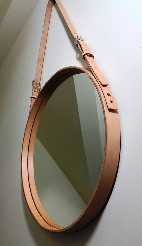 Mirrors With Leather Straps, Leather Panelling, Round Hanging Mirror, Round Mirror Frame, Mirror Decor Ideas, Modern Farmhouse Living Room Decor, Bookcase Lighting, Best Home Interior Design, Classic Furniture Design