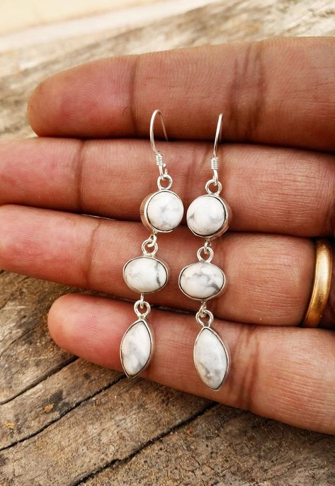 Howlite Earrings, 925 silver, Long Earrings, Dangle Earrings, White Buffalo Stone earrings, Three stone earrings, White Turquoise earrings White Buffalo Turquoise Jewelry, Promise Day, Silver Long Earrings, Howlite Jewelry, Big Stone Ring, Jewelry Holders, Marble Earrings, White Howlite, White Turquoise