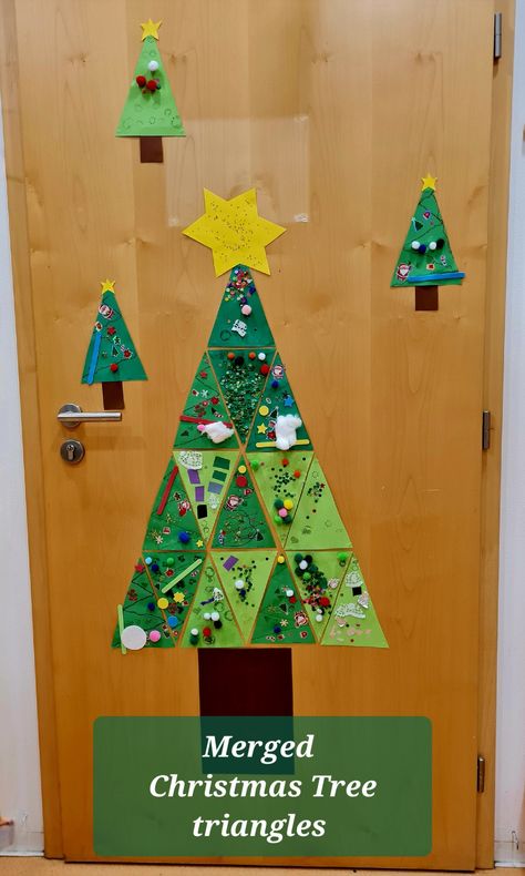 Small decorated triangles merged together to create one big Christmas tree to decorate our cloakroom 😍 Christmas Tree Triangles, Small Decorated Christmas Trees, Triangle Christmas Tree Craft, Christmas Tree Classroom Door, Triangle Christmas Tree, Big Christmas Tree, December Activities, Room Mom, Christmas Tree Art