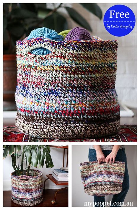 Scrap Wool Crochet Projects, Stashbuster Crochet Patterns, Scrap Yarn Basket, Crochet Yarn Holder, Crochet Blanket Stitches, Crochet Basket Tutorial, Scrap Crochet, Scrap Yarn Crochet, Knitting Bag Pattern