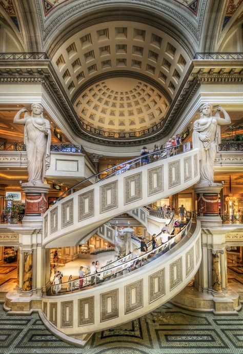 Spiral escalators, Forum Shops at Caesar's Palace Las Vegas, Nevada, USA | Spiralrolltreppen im Cesar's Palace Cesar Palace Las Vegas, Classic Hall, Caesars Palace Las Vegas, Stair Well, Las Vegas City, Nevada Usa, Caesars Palace, Staircase Railings, Vegas Baby