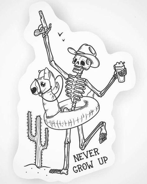 Flash Tattoo Skeleton, Cowboy Outline Tattoo, Western Skeleton Tattoos For Women, Funny Western Tattoos, Cryptozoology Tattoo, Traditional Tattoo Skeleton, Cool Skeleton Tattoos, Funny Skull Tattoo, Funny Skeleton Tattoo