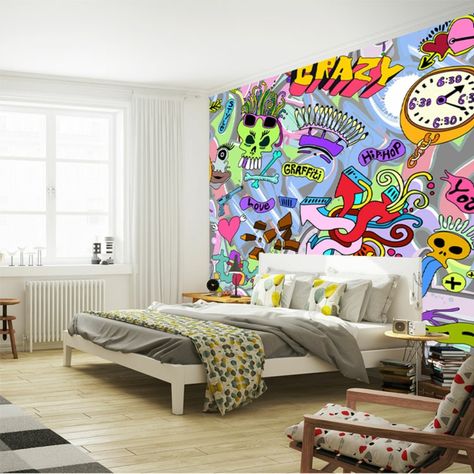 idée déco chambre ado papier peint 3d graffiti Grafitti In Bedroom, Graffiti Art Bedroom Wall, Graffiti Teenage Room, Graffiti In Bedroom Wall Art, B&q Wallpaper Bedroom Graffiti Brick, Contemporary Rug, Improve Yourself, Graffiti, Pastel