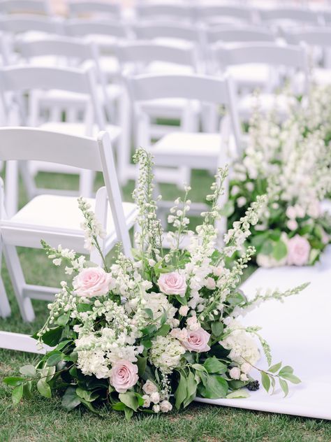 White hydrangea, blush rose, blush spray rose, white delphinium, lysimachia, white snapdragons wedding ceremony aisle floral hedge Pink And White Aisle Flowers, Wedding Florals With Hydrangeas, Wedding Aisle Hydrangea, Pink Wedding Aisle Flowers, Aisle Arrangements Wedding Ceremony, Pink And White Wedding Florals, Pink Aisle Flowers, Snapdragons Wedding, Hydrangea Wedding Aisle