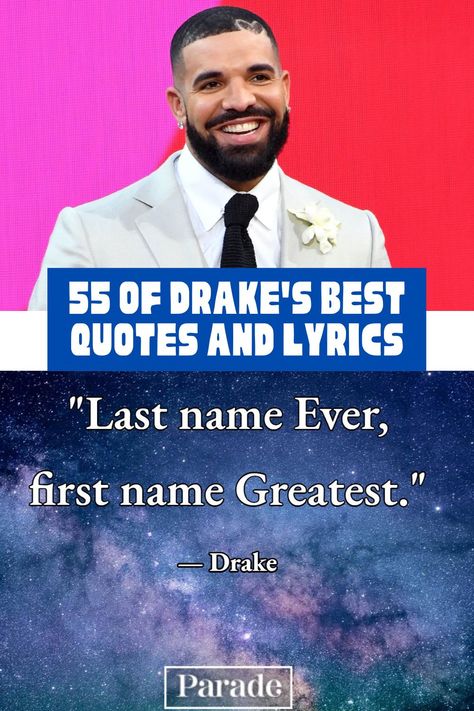 Started From the Bottom, Now He's Here! 55 of Drake's Best Quotes and Lyrics #drake #drakequotes #drakesongs #celebquotes #celebs #raplyrics https://parade.com/1213738/jessicasager/drake-quotes/ Famous Drake Lyrics, Drake Song Lyrics For Captions, Drake Graduation Quotes, Instagram Captions Drake Lyrics, Lyric Quotes Drake, Drake Senior Quotes, Drake Instagram Captions, Best Rap Lyrics, Best Drake Quotes