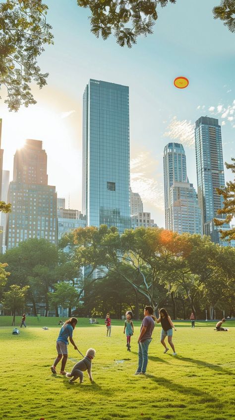 "Urban Park Fun: People enjoying a #sunnyday playing #frisbee in a vibrant #urbanpark with #cityscape in the background. #outdoorfun #aiart #aiphoto #stockcake ⬇️ Download and 📝 Prompt 👉 https://stockcake.com/i/urban-park-fun_1032048_320831" People In Park, Park Life, Fun Image, City People, Park Photography, Trampoline Park, City Painting, Urban Park, Busy City