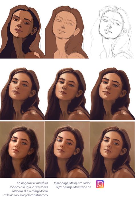 Drawing Features Faces, Digital Painting Face Tutorial, Oil Painting Digital Art Tutorial, Digital Portrait Tutorial Step By Step, Procreate Face Sketch, Digital Portrait Painting Tutorials, Procreate Portrait Tutorial Step By Step, How To Paint Portraits Step By Step, Gouache Face Tutorial