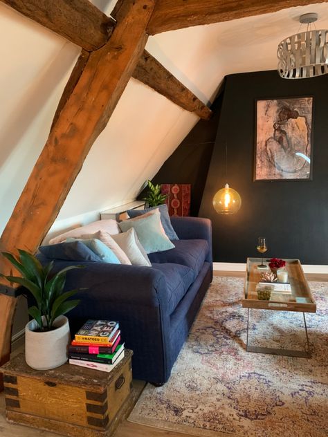 Attic Snug Ideas, Attic Chill Room Ideas, Attic Tv Room Ideas, Small Attic Living Room Ideas, Music Room Attic, Small Attic Living Room, Blue Coach Living Room Ideas, Attic Snug, Attic Living Room Sloped Ceiling