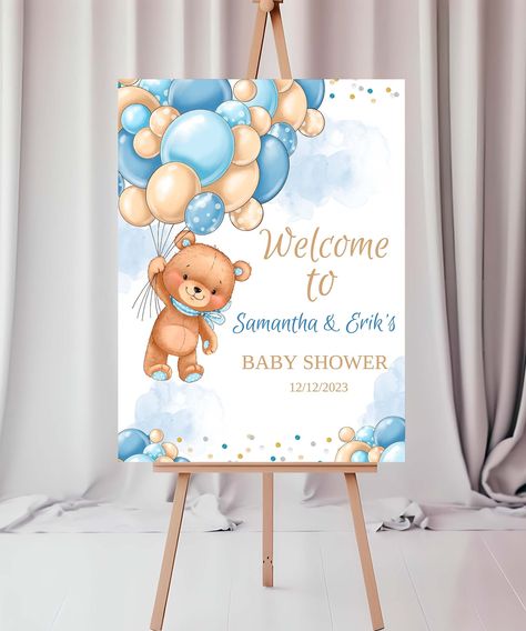 Editable Baby Shower Welcome Sign With Teddy Bear and Blue and Gold Balloons, Boy Theme Baby Shower Favors, Personalized & Printable, TBS5 - Etsy United Arab Emirates Teddy Bear Welcome Sign, Welcome Sign Baby Shower Boy, Welcome Baby Boy Decoration Ideas, Teddy Bear Birthday Theme, Welcome To Baby Shower Sign, Baby Boy Signs, Welcome Baby Boy, Baby Boy Bear, Baby Boy Decorations