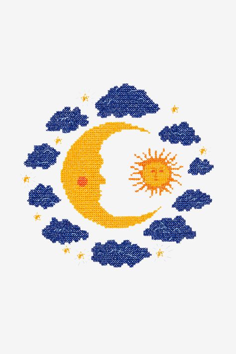 Let your inner light shine through with this sun and moon cross stitch design. With its striking blue clouds, this pattern is sure to bring good vibes to a... Sun And Moon Cross Stitch, Sun Cross Stitch Pattern, Sun Cross Stitch, Moon Cross Stitch Pattern, Moon Cross Stitch, Stitch Gift, Embroidery Gifts, Needlepoint Patterns, Inner Light